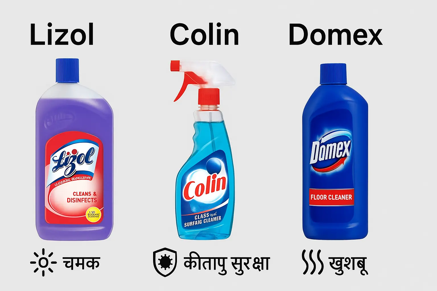 Lizol vs Colin vs Domex तीनों floor cleaners एक comparison ग्राफिक में, जिसमें shine, germ-kill और fragrance icons दिख रहे हैं।